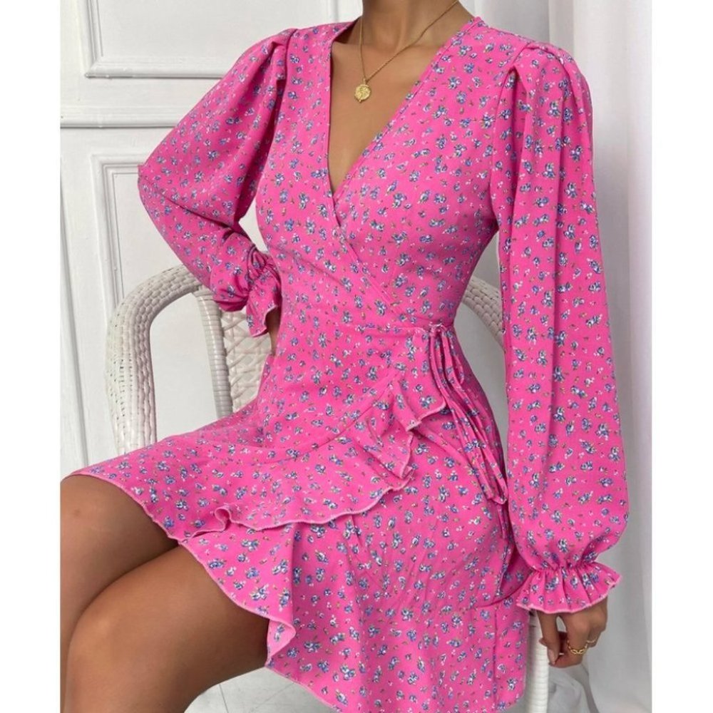 Pink Boho Ditsy Floral Flounce Long Sleeve Knot Side Mini Dress - Picture 3 of 6